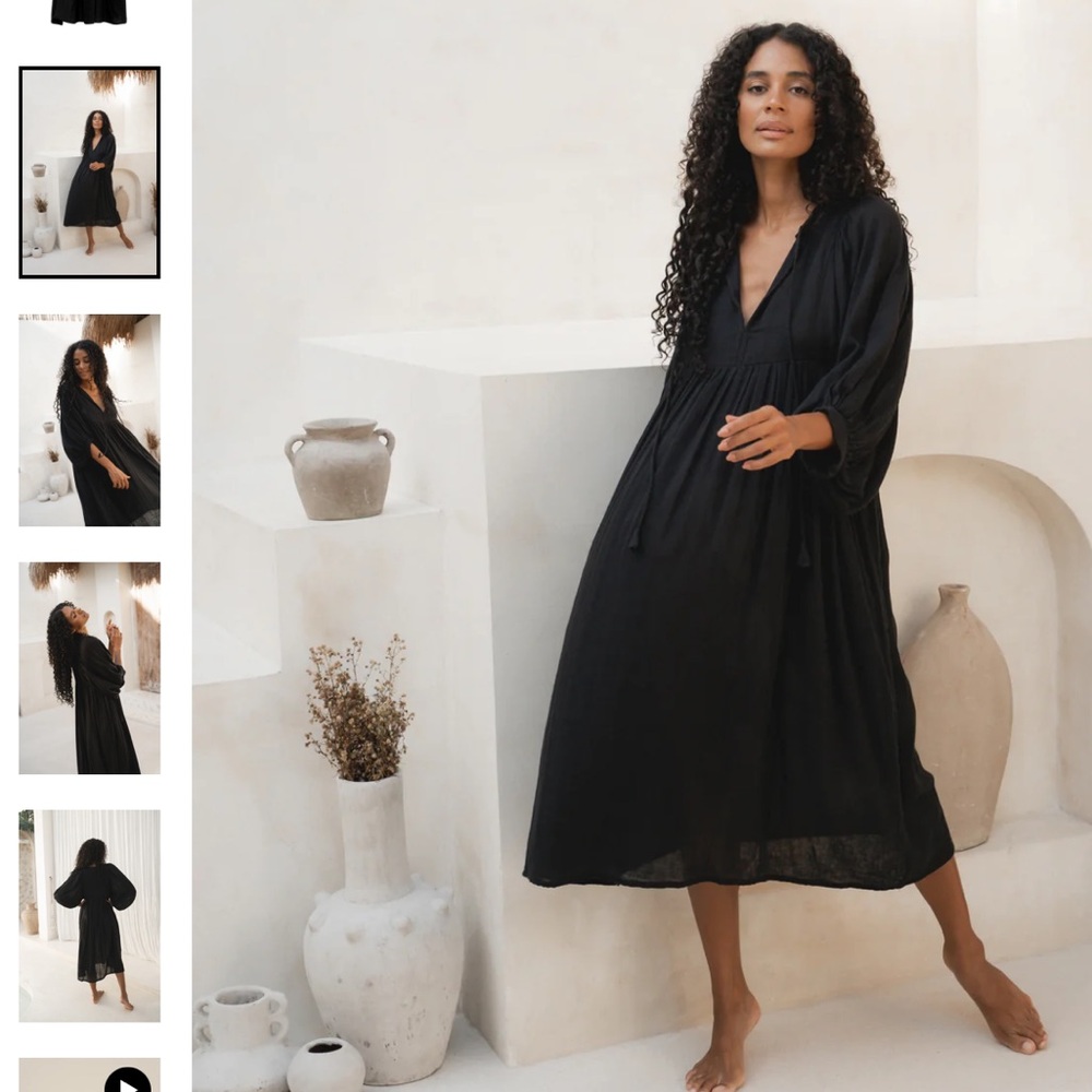 Daughters of India Kyra Midi Dress 100% Cotton Gauze Black Puff Sleeve Dress